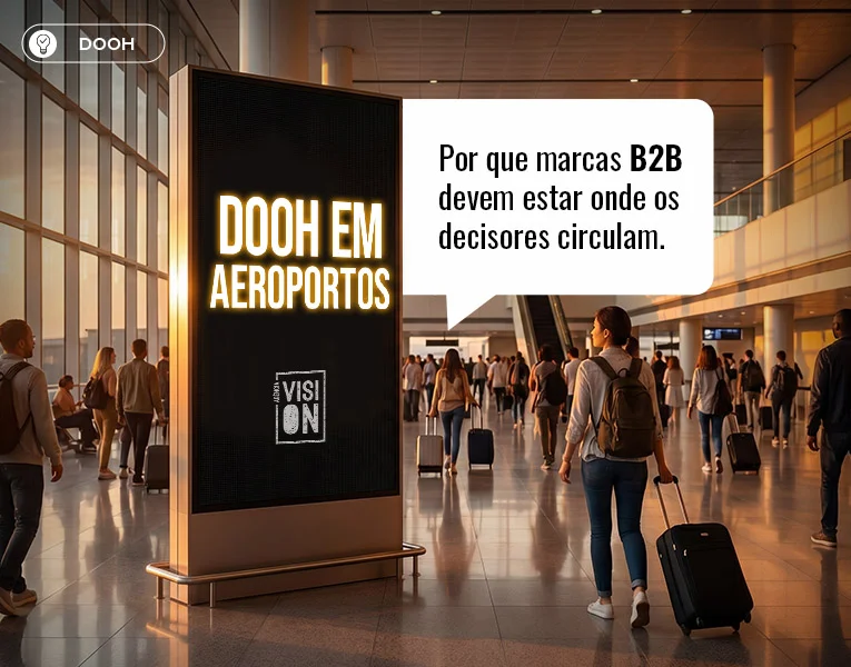 Totem de mídia DOOH em aeroporto movimentado com o texto "DOOH em aeroportos" e a frase "Por que marcas B2B devem estar onde os decisores circulam"