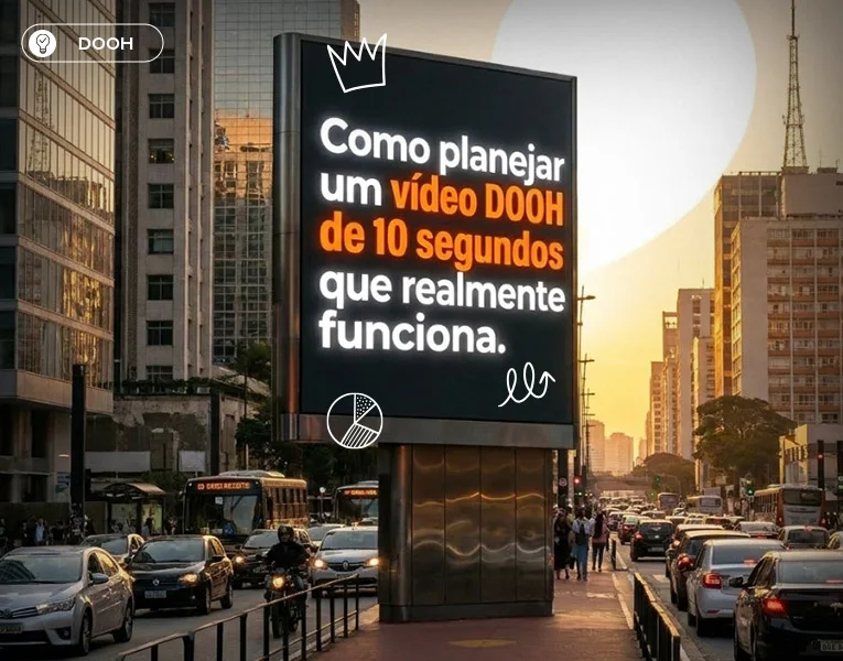 Outdoor DOOH na Avenida Paulista ao entardecer com o texto "Como planejar um vídeo DOOH de 10 segundos que realmente funciona"