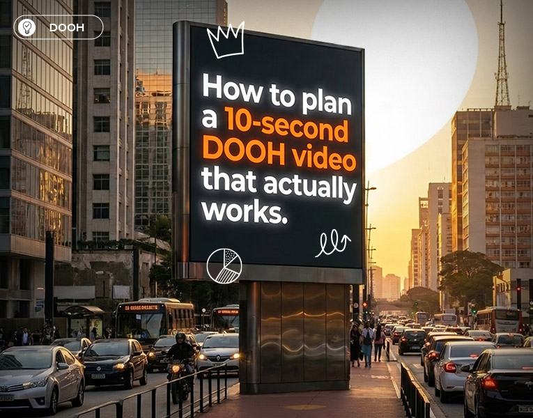 Outdoor DOOH panel on a busy urban avenue displaying the message "How to plan a 10-second DOOH video that actually works"