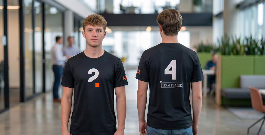 Duas pessoas vestindo camisetas personalizadas com a marca 42