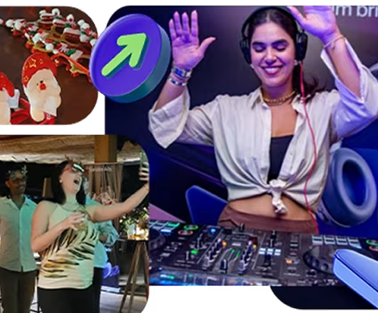 Evento da Yandex Ads com DJ comandando a música, convidados dançando e elementos visuais da marca