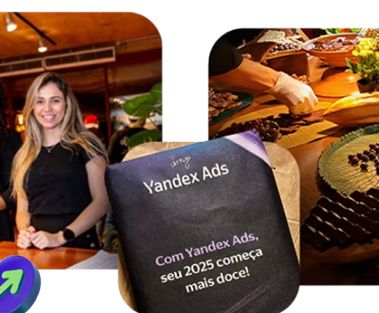 Experiência da Yandex Ads com convidada, mesa de doces e material personalizado da marca para o evento